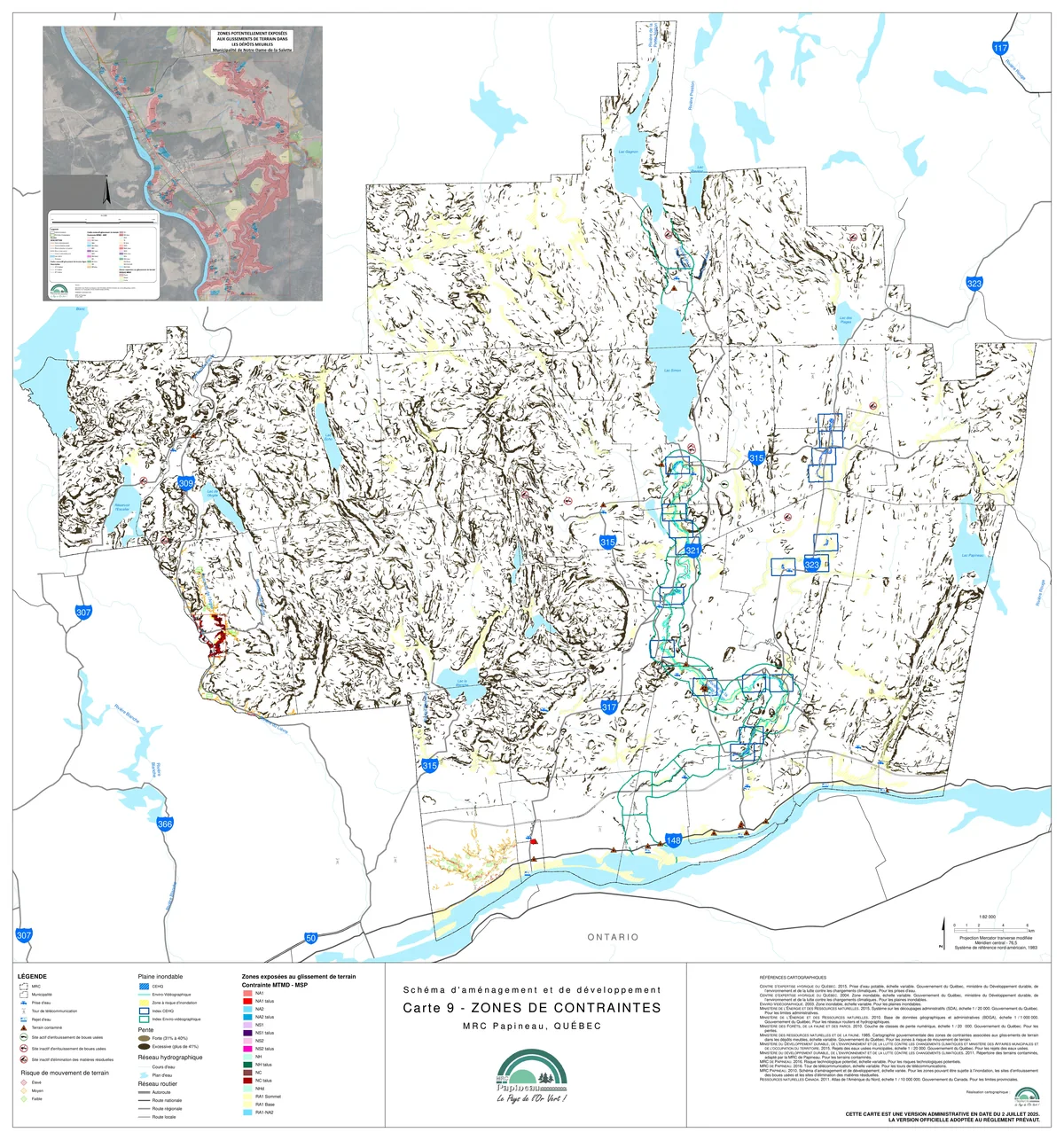 Carte 9 — contraintes naturelles et anthropiques de la MRC de Papineau : zones inondables, zones de mobilité des cours d'eau et zones de contraintes, mise à jour de juillet 2025.